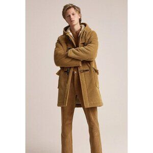 SANDRO AW2018 Tan Corduroy Wool Shearling Lined Hooded Duffle Coat, Size M
